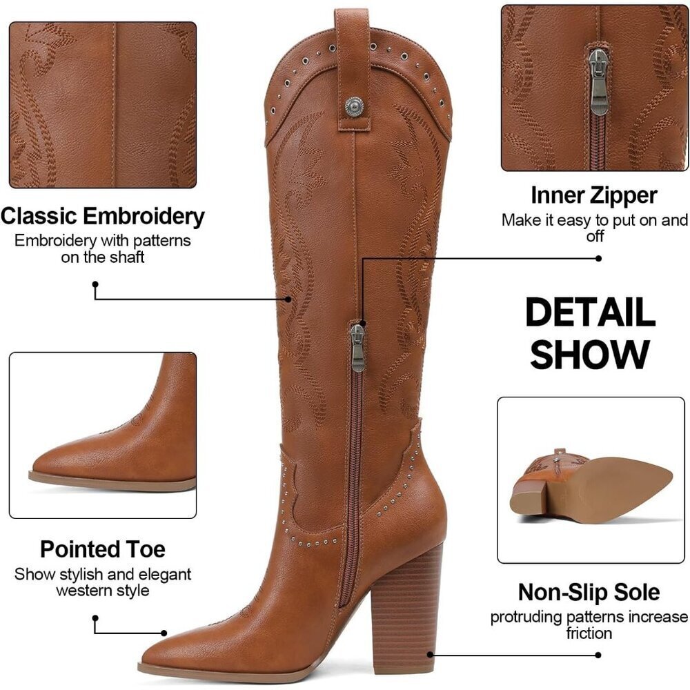 Women 2 Brown Embroidered Pointed Toe Knee High Western Chunky Heels Boots - Picture 3 of 7